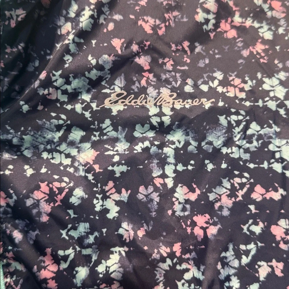 Eddie Bauer reversible navy print / aqua Hooded puffer Jacket 14/16 large kids
